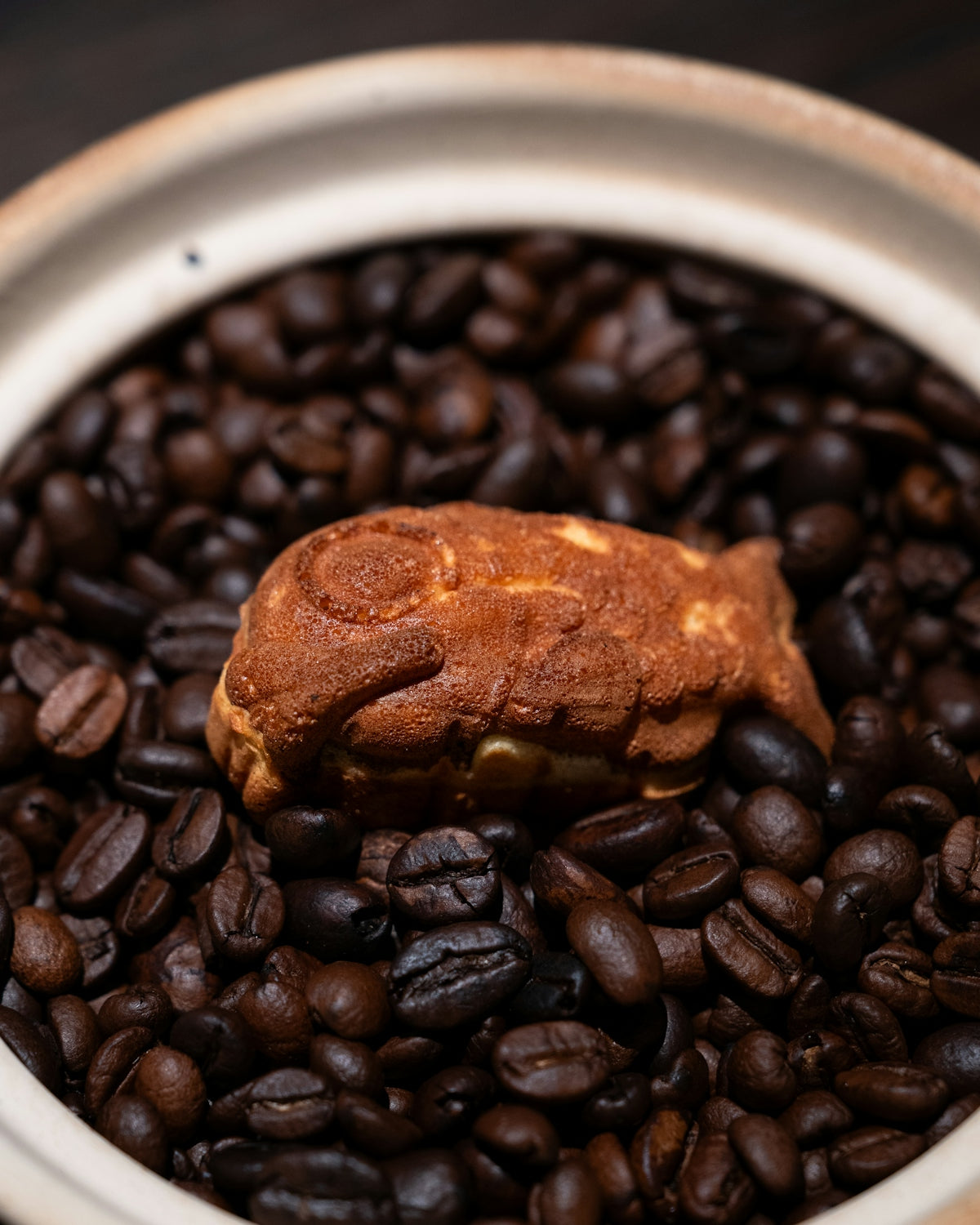 A taiyaki fish cake rests on coffee beans.
