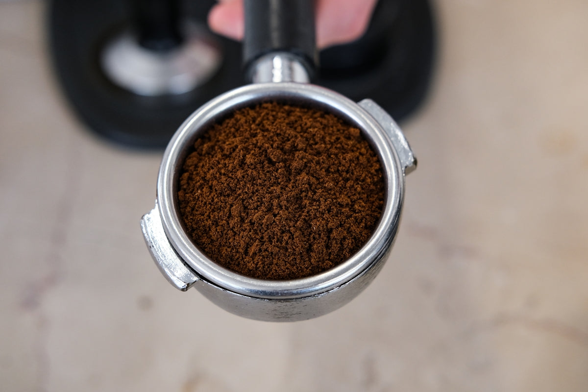 A portafilter holds freshly ground coffee.