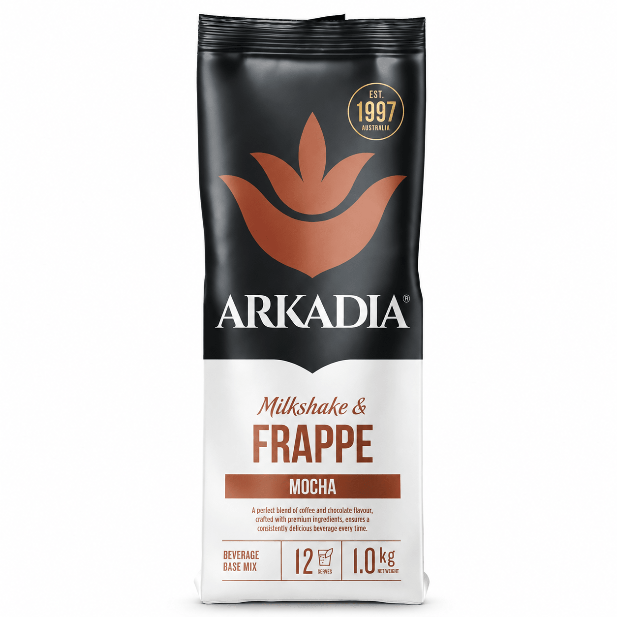 A 1.0 kg bag of Arkadia Milkshake & Frappe Mocha beverage base mix, featuring a black and white packaging design with a prominent orange flower logo.