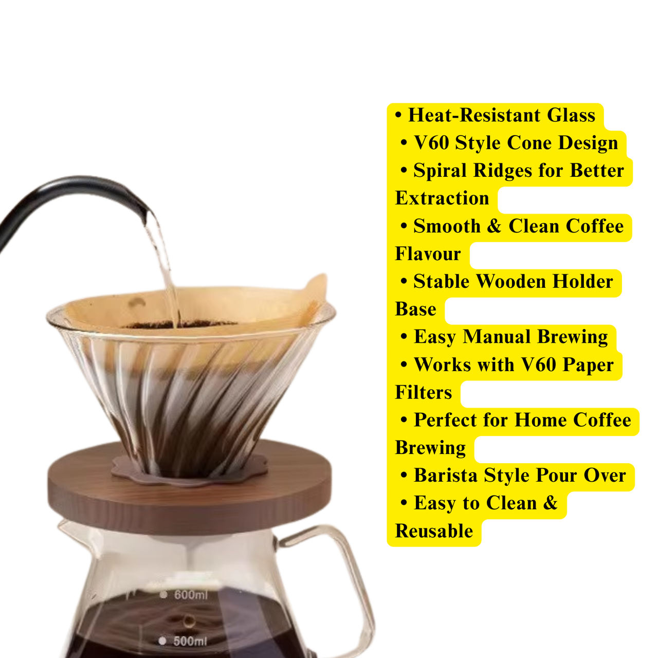 Glass V60 Pour Over Coffee Dripper with Wooden Base