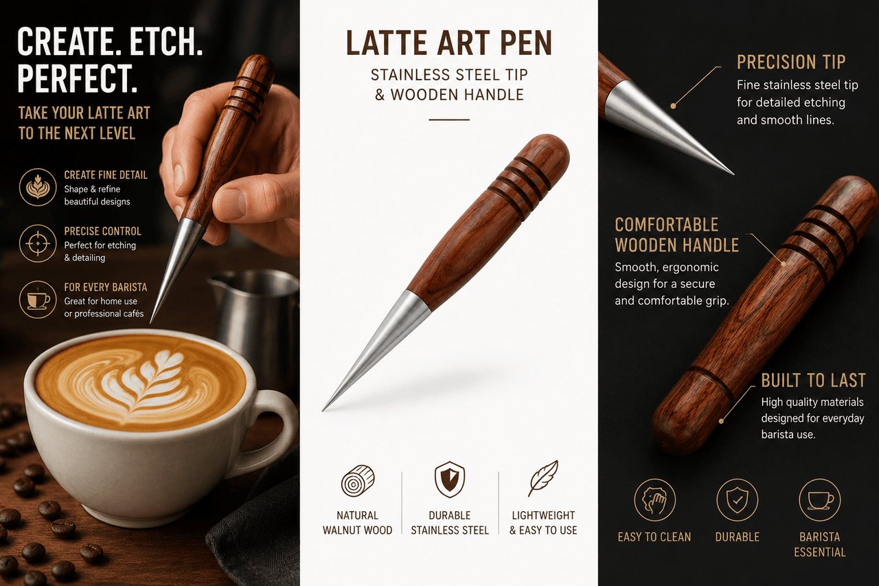 Latte Art Pen – Stainless Steel Etching Tool with Wooden Handle