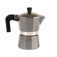 Thumbnail for Silver stovetop espresso maker with black handle on a white background