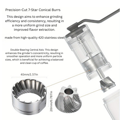 Pro-Grade Manual Coffee Grinder – stainless steel (CNC) 7-Angle Burrs, Compact & Durable