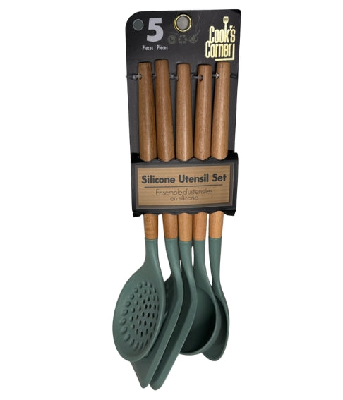 Set of silicone utensils with wooden handles in packaging labeled 'Cook's Corner'.