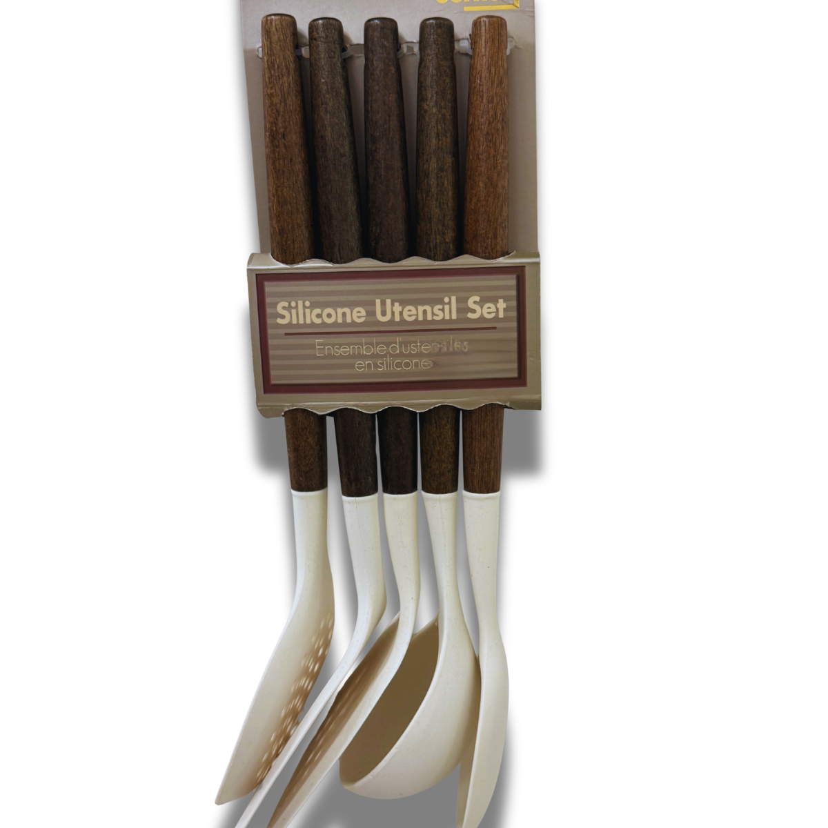 Silicone utensil set with wooden handles in packaging on a white background