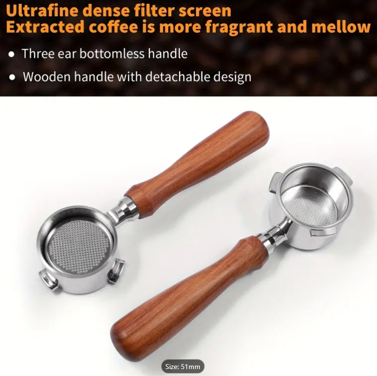 Two coffee filters with wooden handles on a white background, with text about filter screens.