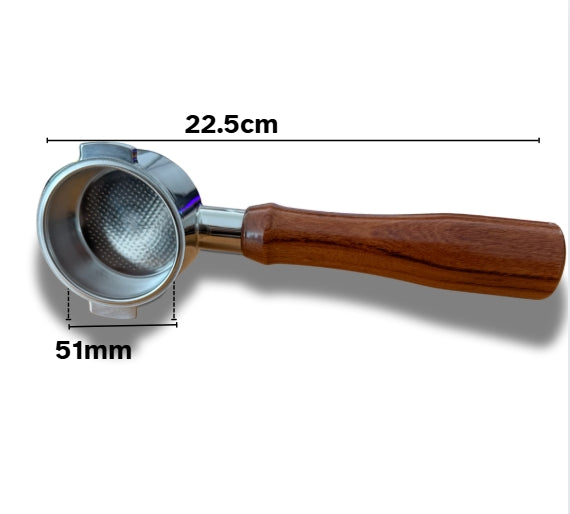 Coffee filter with wooden handle and metal basket, showing dimensions on a white background