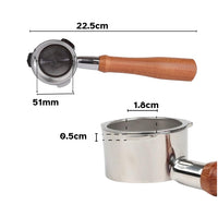 Thumbnail for Measurement chart of a coffee brewing device with wooden handle and metal components.