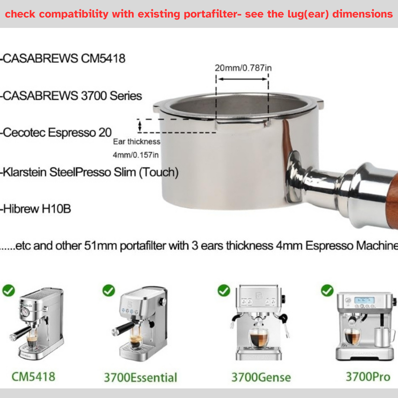 Diagram showing dimensions and compatibility of espresso portafilter with various espresso machines.