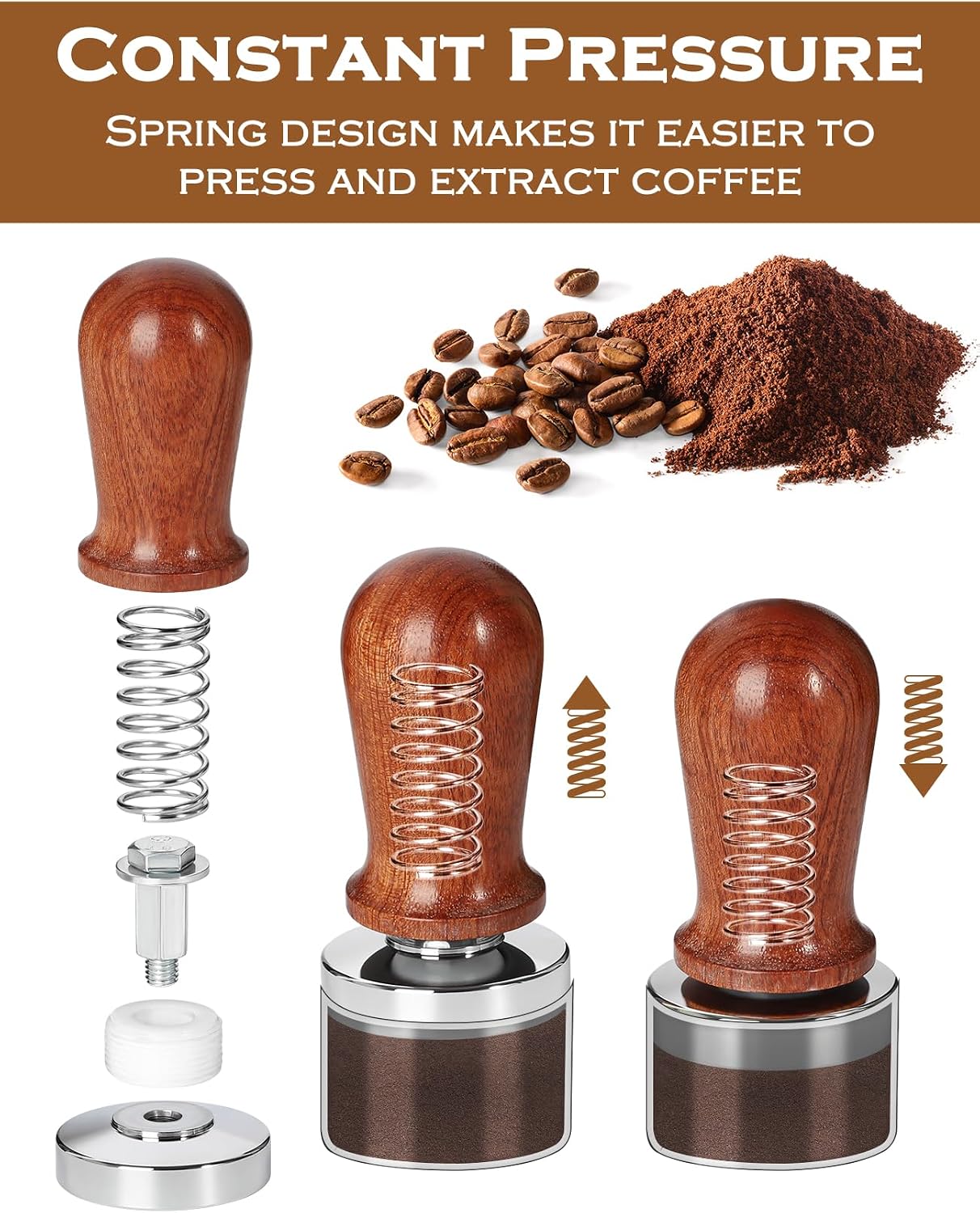 Wooden coffee press with components and text about constant pressure design.