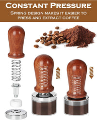 Thumbnail for Wooden coffee press with components and text about constant pressure design.