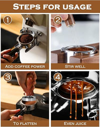 Thumbnail for A four-panel instructional graphic titled 'STEPS FOR USAGE' showing how to use a coffee grinder: adding coffee powder, stirring, flattening, and collecting even coffee juice.