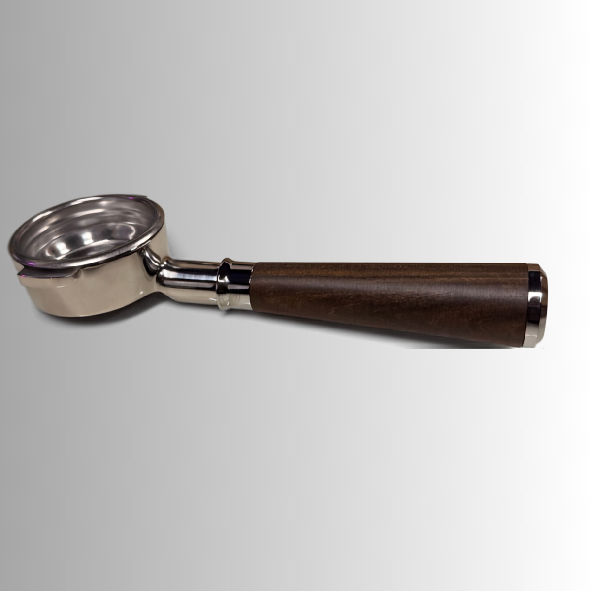 A metal coffee portafilter with a dark brown wooden handle, shown from a side profile against a light gray gradient background.