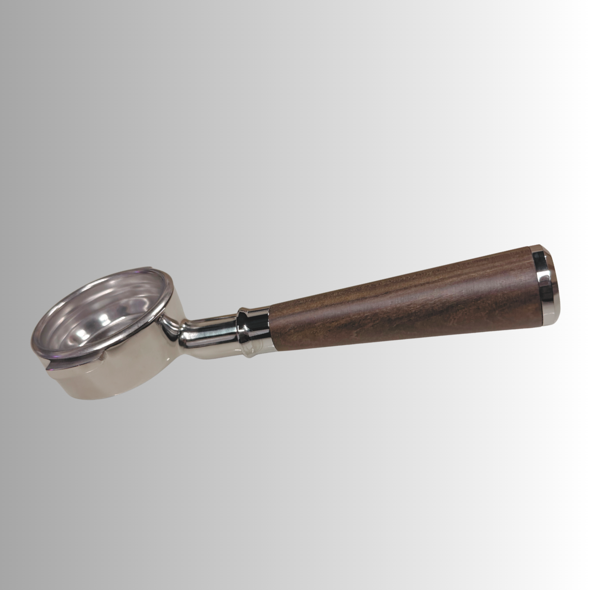 A portafilter with a dark brown wood-grain handle and polished silver metal cup and collar, shown against a light gray gradient background.