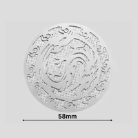 Thumbnail for A round silver decorative plate or medallion with an intricate dragon design and perforated details, shown on a light gray background with a dimension label indicating 58mm.