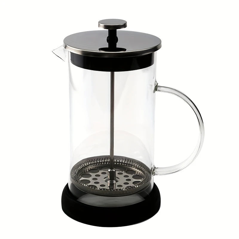 "600ml French Press coffee plunger with stainless steel filter and borosilicate glass"

