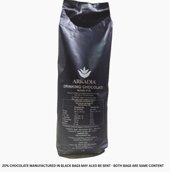 Arkadia drinking chocolate bag on a white background