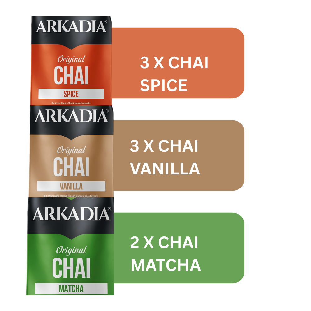 Three ARKADIA Original Chai tea bags shown next to color swatches indicating quantity by flavor: 3 x Chai Spice (orange), 3 x Chai Vanilla (tan), and 2 x Chai Matcha (green).