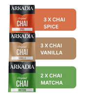 Thumbnail for Three ARKADIA Original Chai tea bags shown next to color swatches indicating quantity by flavor: 3 x Chai Spice (orange), 3 x Chai Vanilla (tan), and 2 x Chai Matcha (green).
