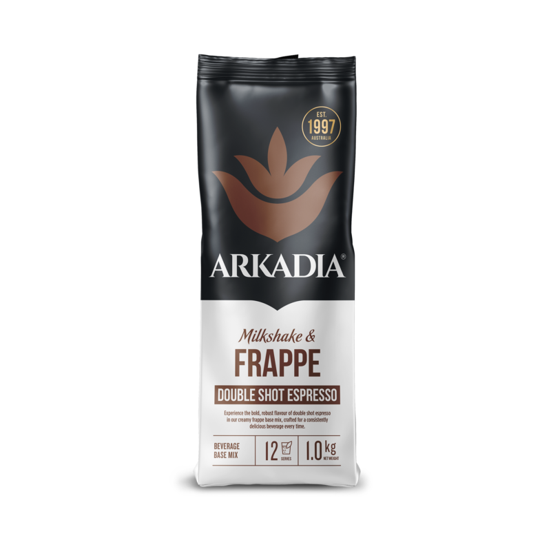 A 1.0 kg bag of Arkadia Milkshake & Frappe Double Shot Espresso mix, featuring a black and white packaging design with a brown logo and text, set against a plain white background.
