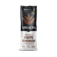 Thumbnail for A 1.0 kg bag of Arkadia Milkshake & Frappe Double Shot Espresso mix, featuring a black and white packaging design with a brown logo and text, set against a plain white background.