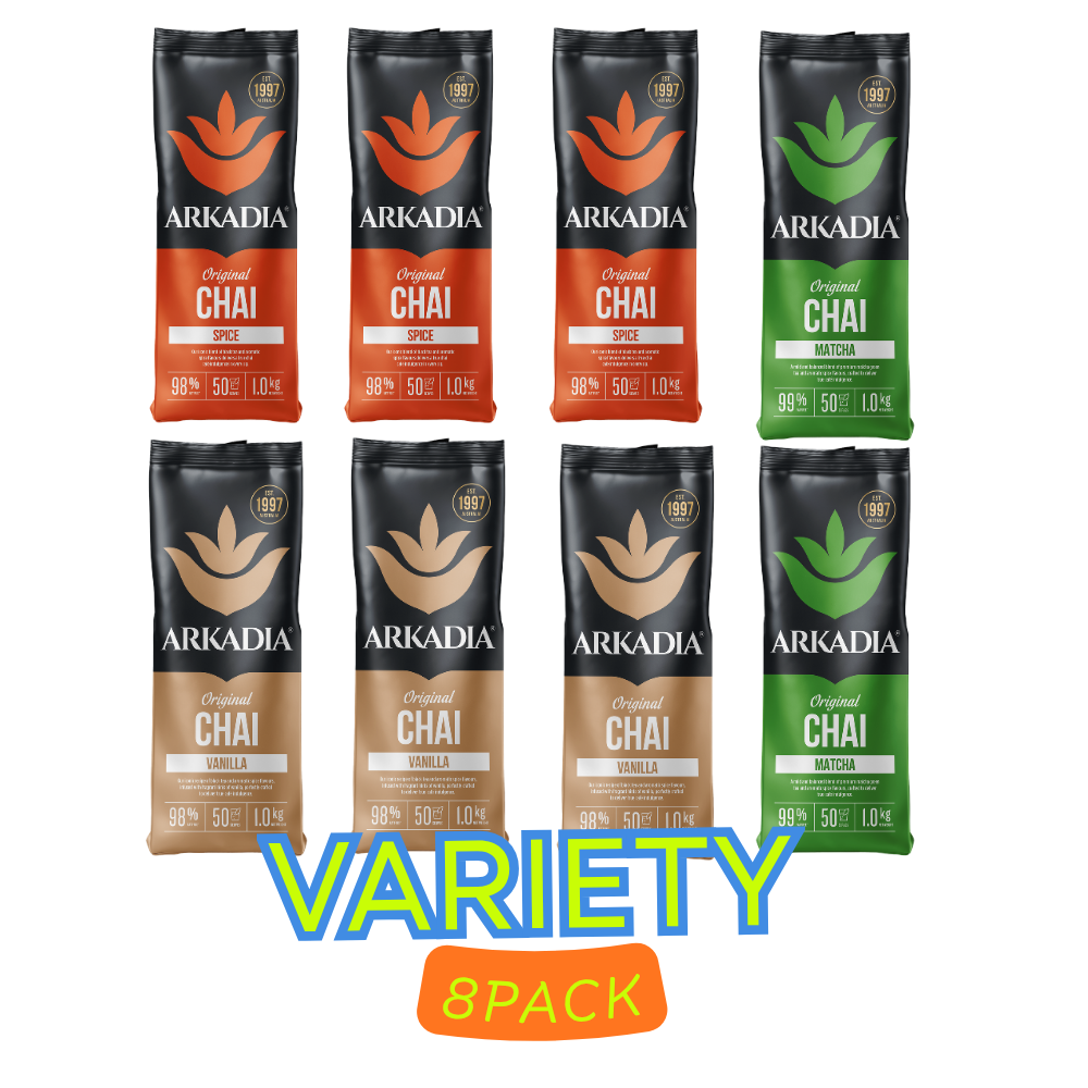 Eight Arkadia Original Chai tea pouches arranged in a 2x4 grid on a white background, with flavor variants including Spice, Matcha, Vanilla, and Green Tea. A large blue 'VARIETY' text and orange '8PACK' badge are overlaid at the bottom.
