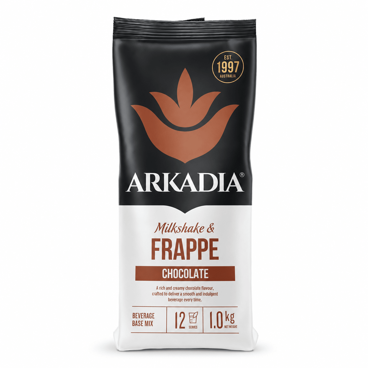 A 1 kg bag of Arkadia Milkshake & Frappe Chocolate Beverage Base Mix, featuring a black and white packaging design with a brown logo and flavor label.