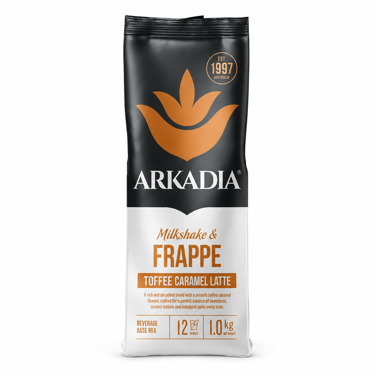 A 1.0 kg bag of Arkadia Milkshake & Frappe Toffee Caramel Latte beverage base mix, featuring a black and white packaging design with an orange logo.
