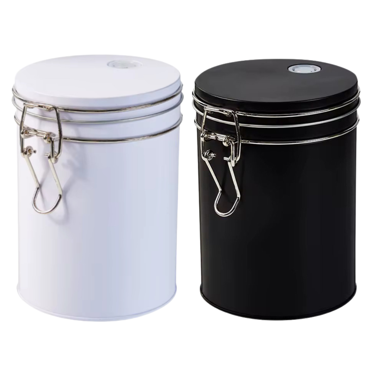 Two metal canisters with clamp-lid closures, one white and one black, shown side by side on a plain white background.