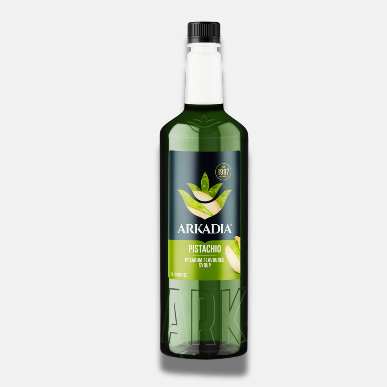 Bottle of Arkadia Pistachio syrup on a white background