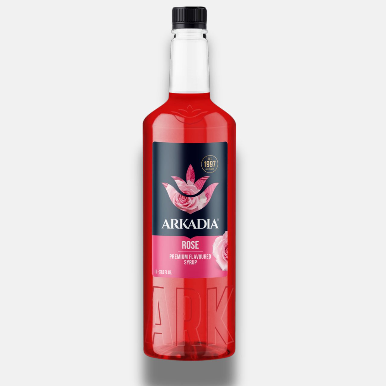 Bottle of Arkadia Rose syrup on a white background