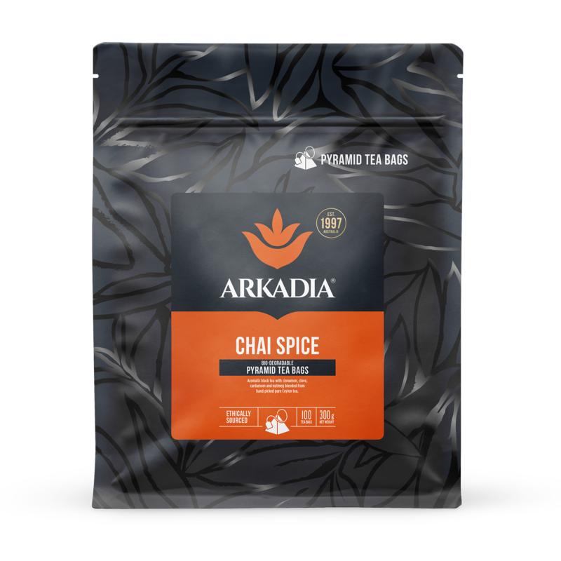 Arkadia Chai Spice pyramid tea bags packaging on a white background