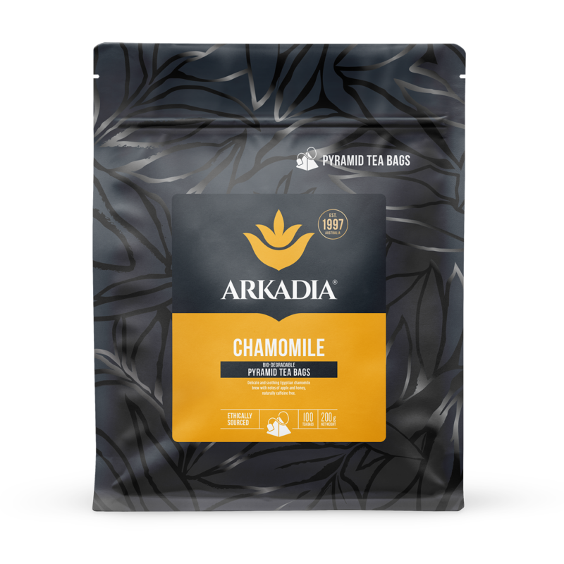 Arkadia chamomile pyramid tea bags packaging on a white background