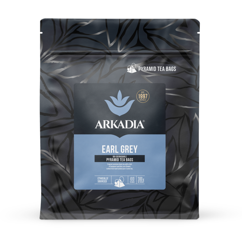 Pack of Arkadia Earl Grey pyramid tea bags with a dark leaf pattern on a white background