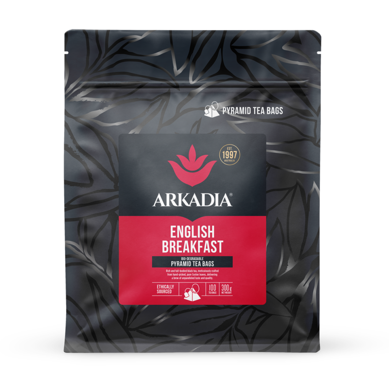 Arkadia English Breakfast pyramid tea bags packaging on a white background