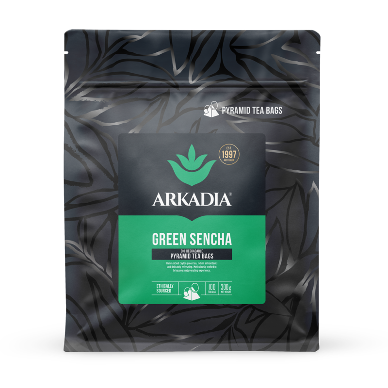 Packaging of Arkadia Green Sencha pyramid tea bags with leaf pattern