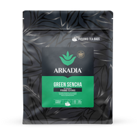 Thumbnail for Packaging of Arkadia Green Sencha pyramid tea bags with leaf pattern