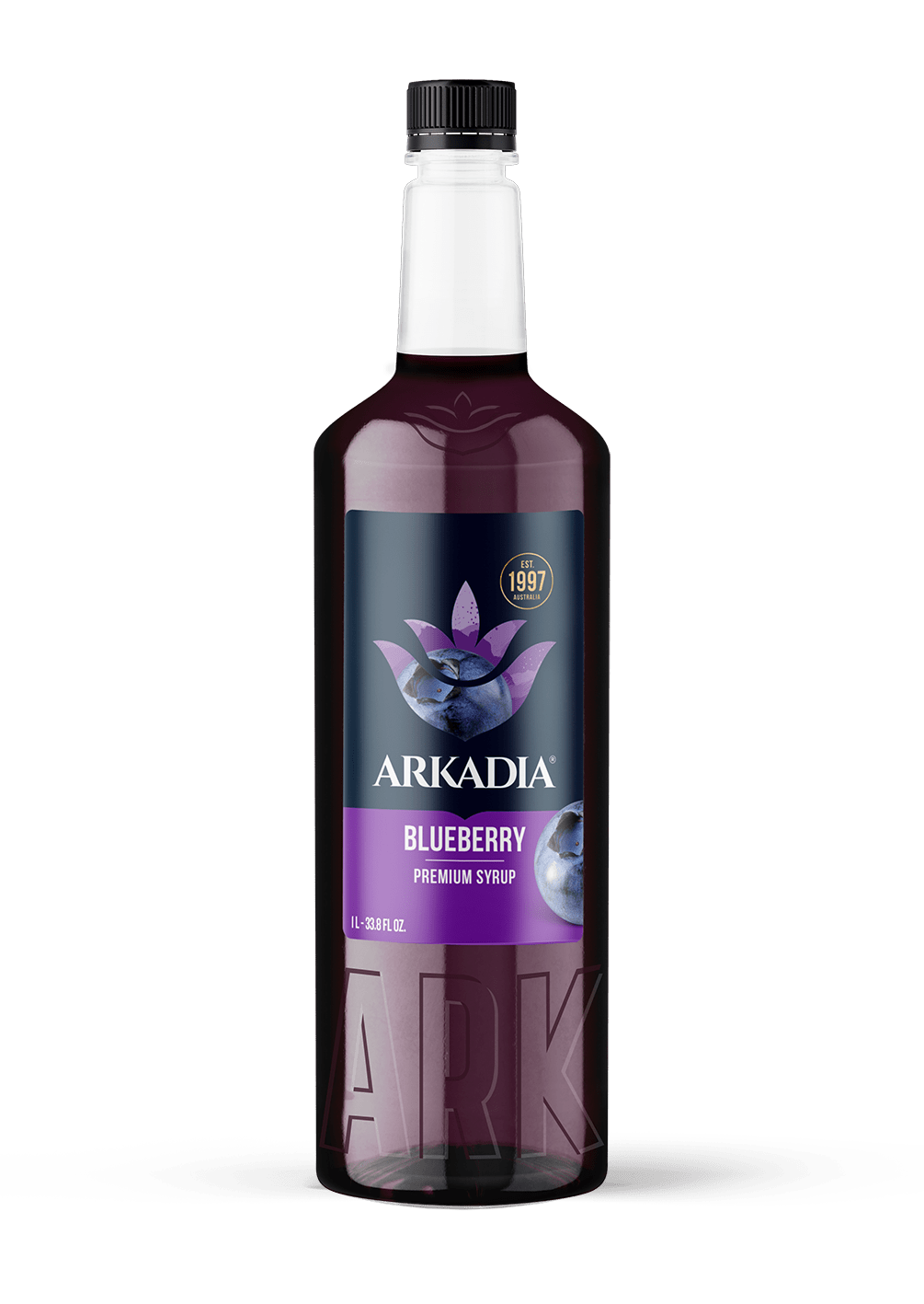 A bottle of Arkadia Blueberry Premium Syrup on a clean white background. The bottle is made of dark glass showing the deep purple-blue liquid inside, with a black cap and a black and purple label featuring the brand name and blueberry graphic.