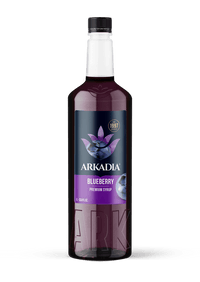 Thumbnail for A bottle of Arkadia Blueberry Premium Syrup on a clean white background. The bottle is made of dark glass showing the deep purple-blue liquid inside, with a black cap and a black and purple label featuring the brand name and blueberry graphic.