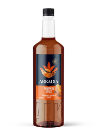 Thumbnail for A bottle of Arkadia Pumpkin Spice premium flavored syrup, featuring amber liquid inside a clear glass bottle with a black cap and a black and orange label.