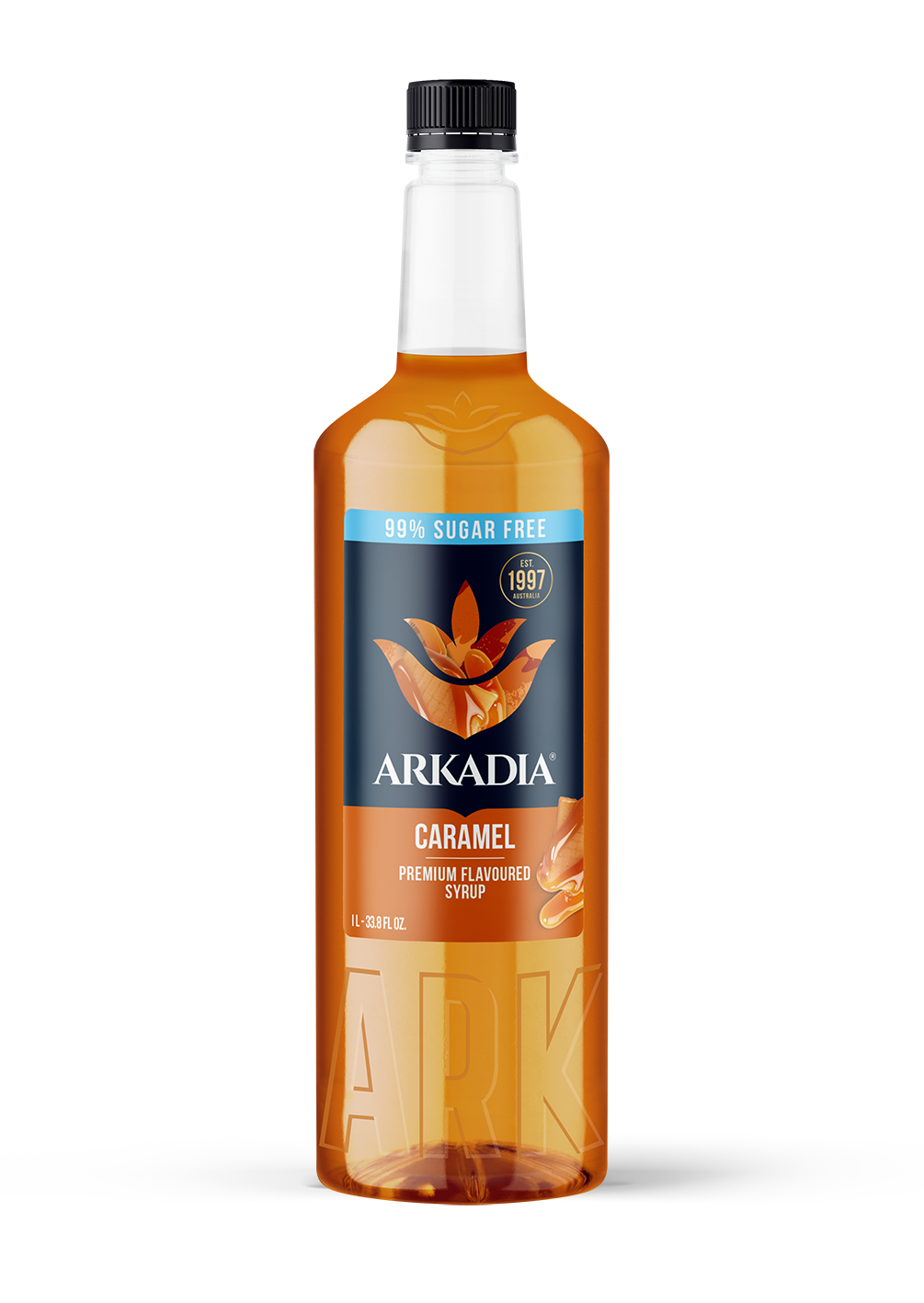 Bottle of Arkadia Caramel syrup on a white background