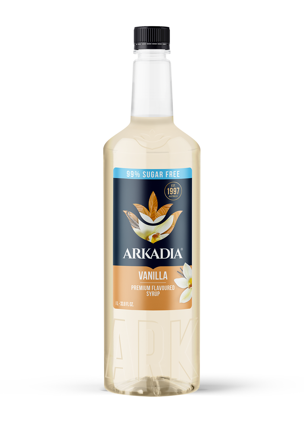 Bottle of Arkadia vanilla syrup on a white background