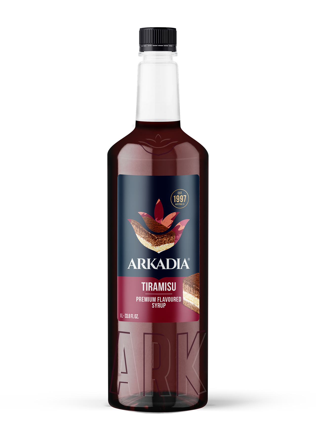 Bottle of Arkadia Tiramisu syrup on a white background