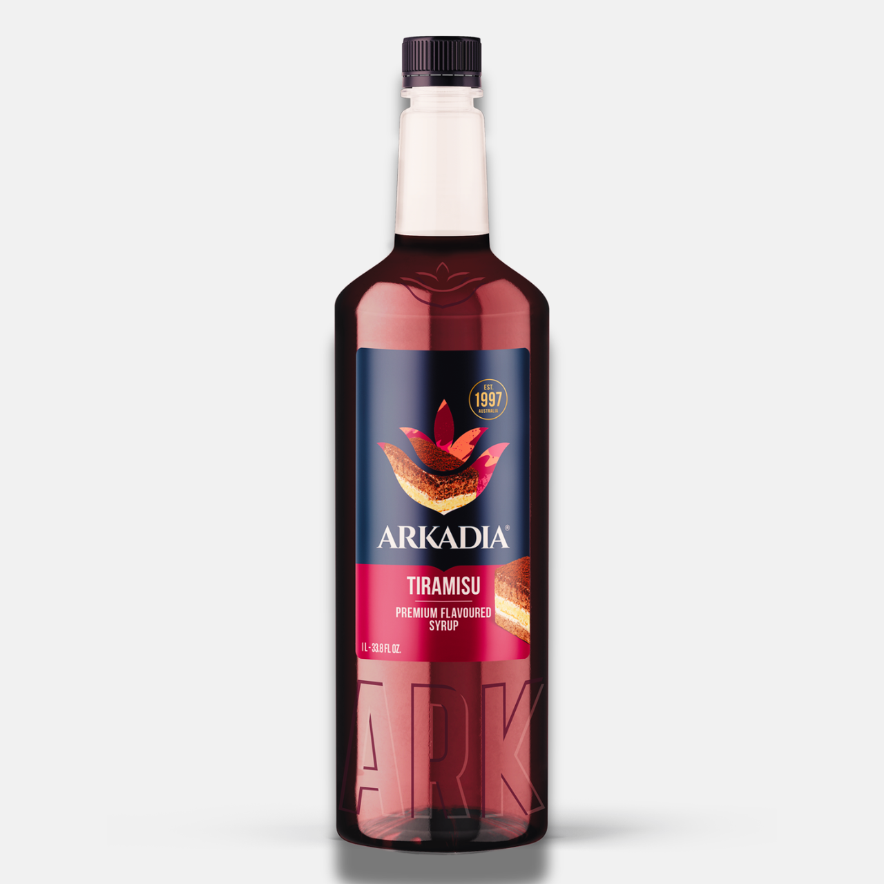 Bottle of Arkadia Tiramisu syrup on a white background