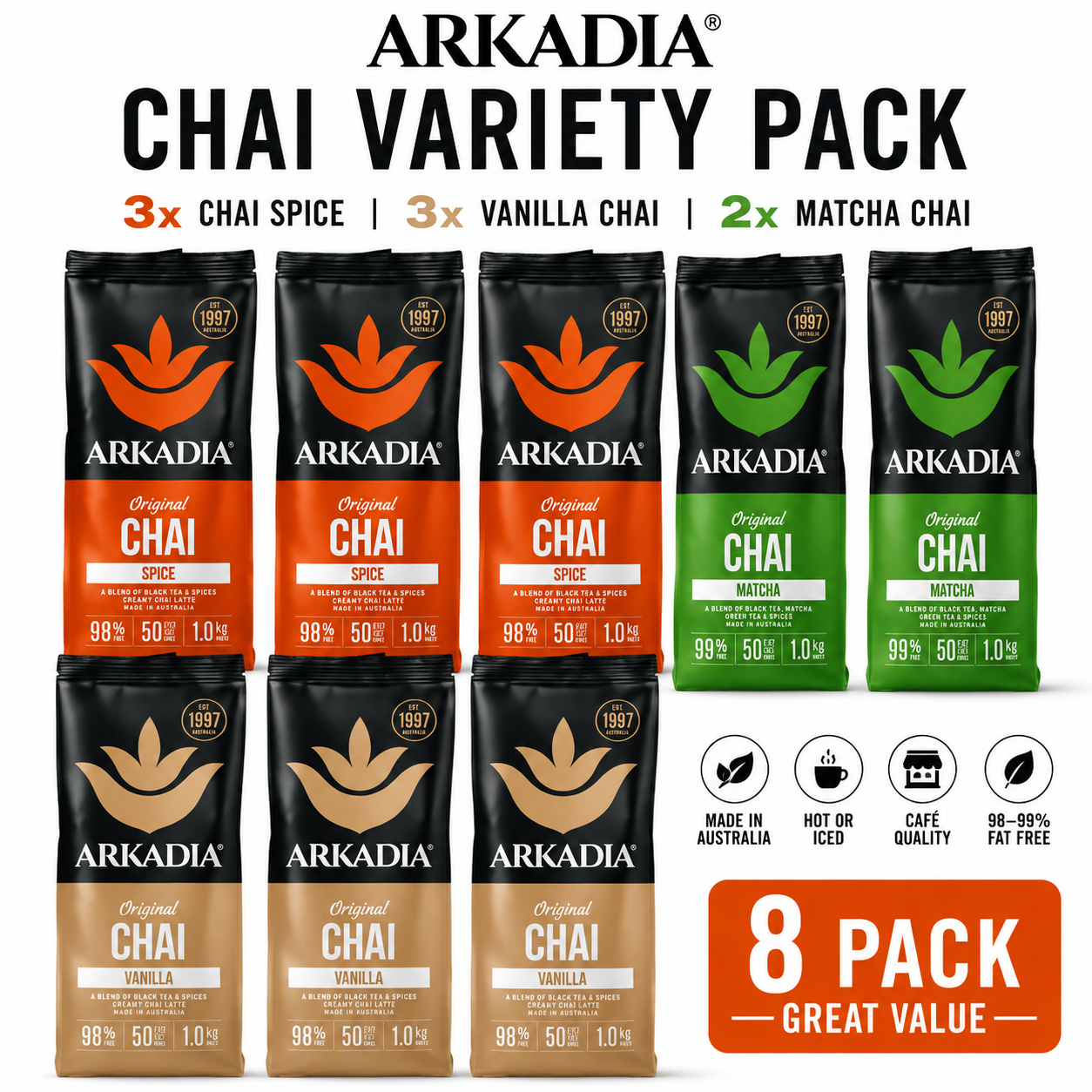 An 8-pack variety pack of Arkadia Chai tea, featuring eight individual bags of tea (3x Chai Spice, 3x Vanilla Chai, 2x Matcha Chai) in black packaging with orange, green, and beige designs, displayed on a white background with promotional text and icons.
