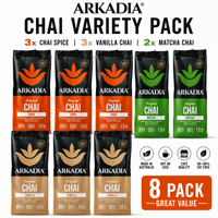 Thumbnail for An 8-pack variety pack of Arkadia Chai tea, featuring eight individual bags of tea (3x Chai Spice, 3x Vanilla Chai, 2x Matcha Chai) in black packaging with orange, green, and beige designs, displayed on a white background with promotional text and icons.