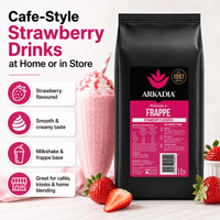 Thumbnail for A black bag of Arkadia Strawberry Flavouring next to a pink strawberry milkshake, with promotional text and icons on the left side. The bag features a pink and black label with the brand name 'ARKADIA' and product name 'Strawberry Frappe'.