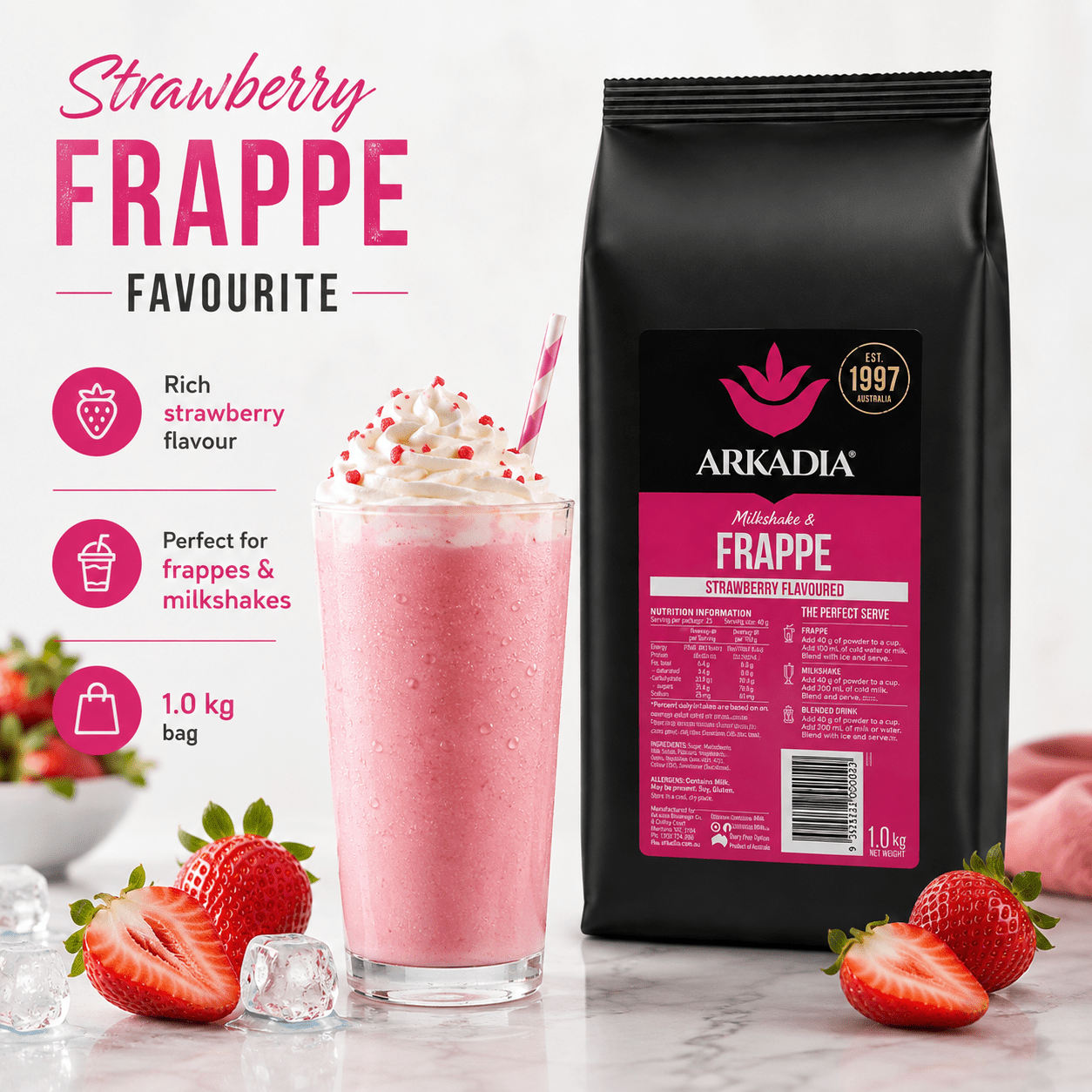 A 1 kg bag of Arkadia Strawberry Frappe flavor powder next to a pink frappe drink topped with whipped cream and a striped straw, with fresh strawberries and ice cubes on a light marble surface. Text on the left highlights rich strawberry flavor, suitability for frappes and milkshakes, and a 1.