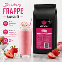 Thumbnail for A 1 kg bag of Arkadia Strawberry Frappe flavor powder next to a pink frappe drink topped with whipped cream and a striped straw, with fresh strawberries and ice cubes on a light marble surface. Text on the left highlights rich strawberry flavor, suitability for frappes and milkshakes, and a 1.