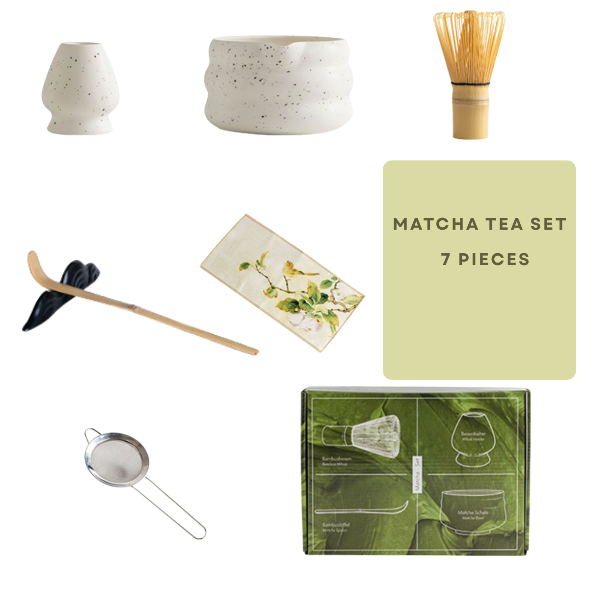 Matcha tea set with various tools and packaging on a white background